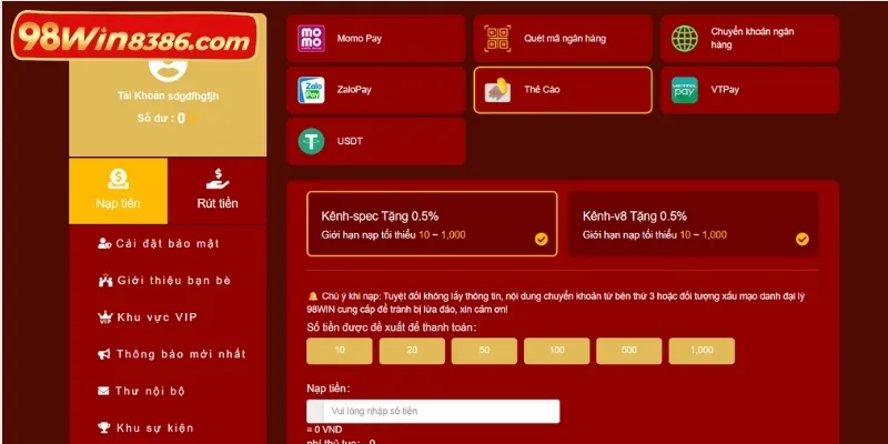 Tổng hợp các phương thức nạp tiền 98win phổ biến tại cổng game